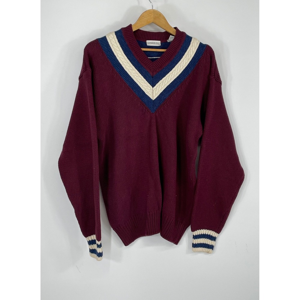 London Fog Mens Sweater M V-Neck‎ Burgundy Striped Cotton Knit Vintage